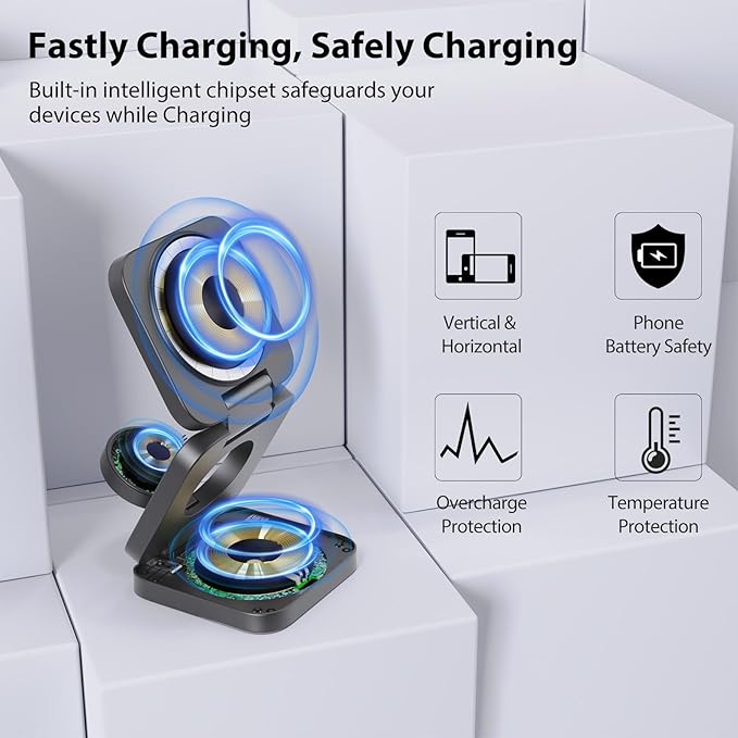 KU XIU Fast Wireless Charger, Magnetic Foldable 3 in 1 Charging Station for iPhone 16/15/14/13/12/Pro/Plus/Pro Max, 5W Portable Charger for Apple Watch9/8/7/6/5/4/3/SE, for Airpods3/2/Pro-Gray