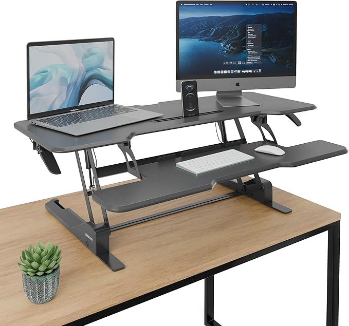 Mount-It! 47" Standing Desk Converter, XL Desktop Sit-Stand Desk Riser with Gas Spring Height Adjustment, Wide Desk Topper for Dual Monitors or Monitor & Laptop, Keyboard Tray, Black
