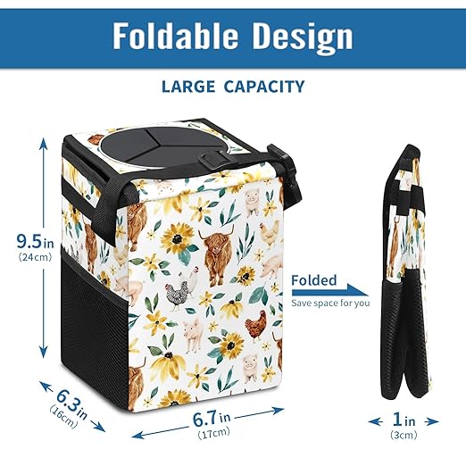 Car Trash Can with Lid Boho Floral Highland Cow Pig Collapsible Reusable Leak-Proof Auto Garage Bag,Hanging Vehicle Car Accessories Interior Car Organizer