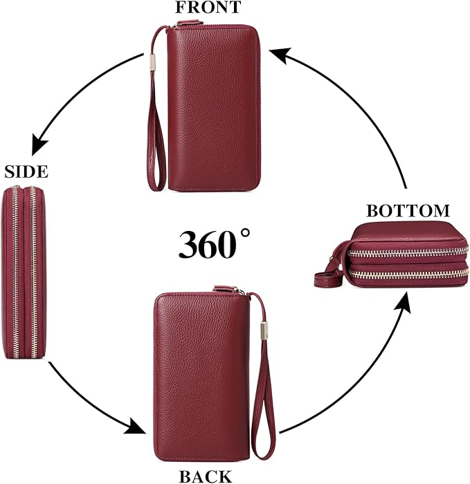 SENDEFN Leather Women Wallet RFID Blocking Zipper Around Phone Holder Clutch Wristlet Large Capacity