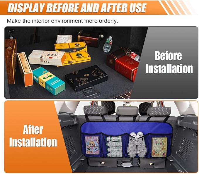 Car Trunk Organizer, Large Capacity Backseat Hanging Storage Bag with 4 Pockets, Waterproof Foldable Car Interior Organizing Accessories, Universal for SUV, Truck, Van, MPV (Blue)