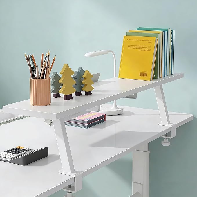 Clamp on Desk Shelf, Desktop Extender Klemmbares Schreibtisch Organizer Regal Adjustable Floating Desks Shelf for Office, Dorm, Home Desk Organization (White-with Reading Stand, 31.5x7.8in/80x20cm)