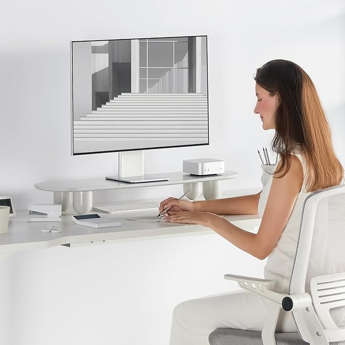 Fenge Monitor Riser, 34 Inch Dual Monitor Stand for Large Monitors, Desk Organizer with Wooden Shelf & Solid Wood Legs, Computer Stand for Laptop, TV, PC, Printer, White