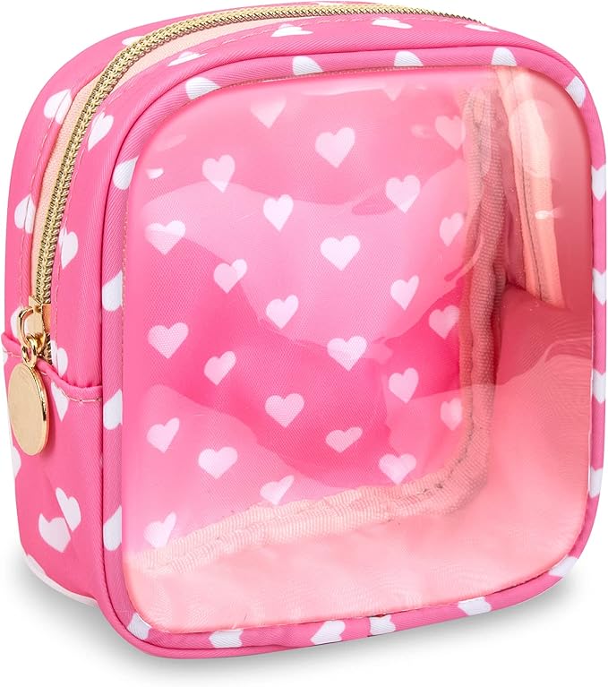 Mini Clear Travel Makeup Organizer Bag for Purse, Samll Cute Preppy Pink Makeup Bag Cosmetic Zipper Pouch Purse, Transparent PVC & Nylon Waterproof Toiletry Storage Clutch for Women Girls(Pink Heart)