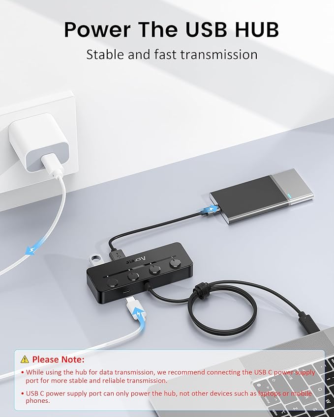 Aceele USB C Hub, USBC to 4-Ports USB 3.0 Hub with Type C Power Port and Individual On/Off Switches, 5Gbps USB C Splitter with 3.3ft Long Extender Cable Compatible for Laptops, MacBook Pro/Air