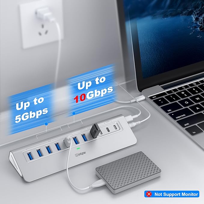 Powered USB Hub 10Gbps, intpw YH9AC Plus 13 Port USB 3.2 Hub(USB A/USB C 3.2+6 USB-A 3.0+2 PD 45W Fast Charging Ports+SD/TF Card Reader), 65W Power Adapter,Aluminum USB HUB for PC,Laptop,iPhone 17/16