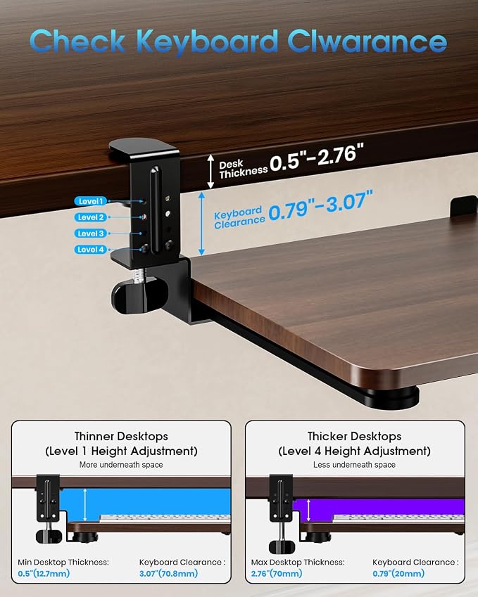 Small Keyboard Tray Under Desk, Pull Out Keyboard & Mouse Tray with Adjustable C-clamp, 20(25.9 Including Clamps) x 11.8 Inch Slide Out Computer Keyboard Drawer Mouse Tray for Typing, Walnut
