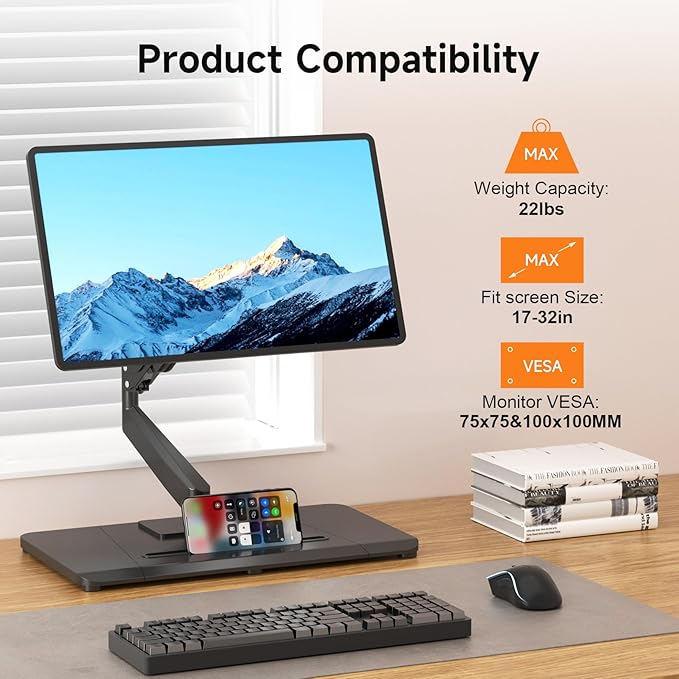 Pholiten Adjustable Monitor Arm with Gas Spring for 17-32 inch Screens,Pneumatic VESA Computer Mount with Base,Freestanding Full Motion Monitor Desk Stand Holds up to 22 lbs.