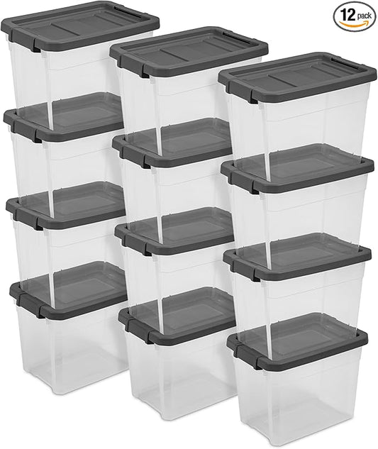Sterilite 12-Pack Modular Stacker Box, Durable Clear Plastic Storage Bins with Latching Lids, 30 Quart - Stackable Organizing Container Boxes for Closet, Bathroom, and Office