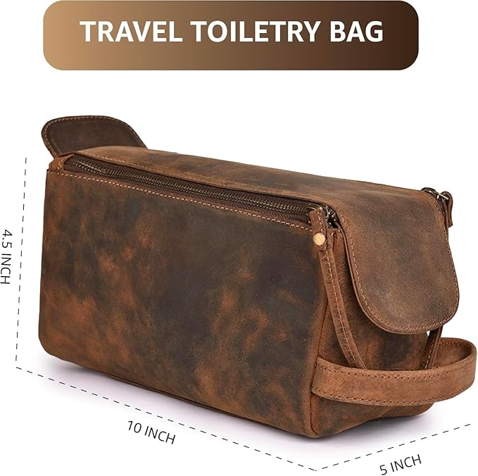 Hindoro Premium Buffalo Leather Travel Toiletry Bag - Unisex Water-Resistant Vintage Travel Pouch Kit, Shaving & Cosmetic Organizer for Men & Women - Compact Bathroom Essentials - Distressed Brown
