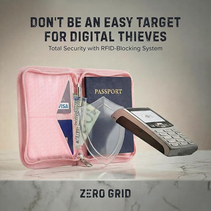 Zero Grid RFID Family Passport Holder for up to 6 Passports, Large Zippered Wallet for Men & Women, Fits Cards, Cash, ID, Sim Card; Premium & Compact Travel Document Holder - Rose Pink