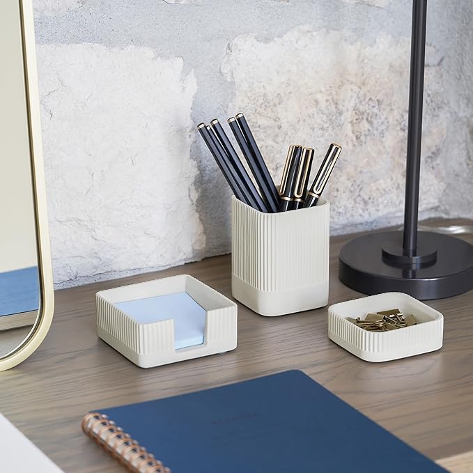Aesthetic Desk Organizer Set of 3 For Your Office - Sturdy Concrete Desktop Accessories For Women or Men Enhance Any Office Decor - Set incl. Pen Holder, Paperclip Storage and Sticky Note Holder