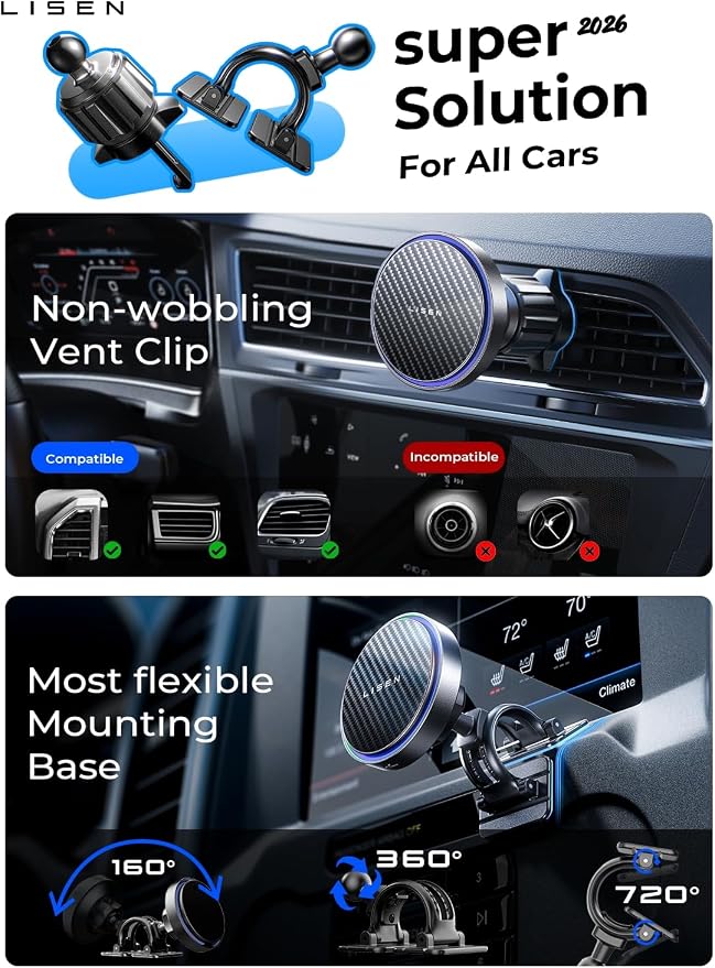 LISEN 15W MagSafe Car Mount Charger,[Carbon Fiber] Magnetic Wireless Car Charger, Dashboard & Air Vent Car Phone Mounts, Magnetic Phone Holder for Car Mount for iPhone 17/16/15/14/13/12, Samsung Pixel | Carbon Fiber 15W Magsafe Car Mount Charger, 2 in ...