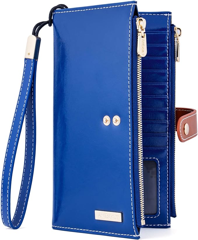 ANDOILT Women's Genuine Leather Wallet RFID Blocking Credit Card Holder Zipper Purse Cell Phone Handbag
