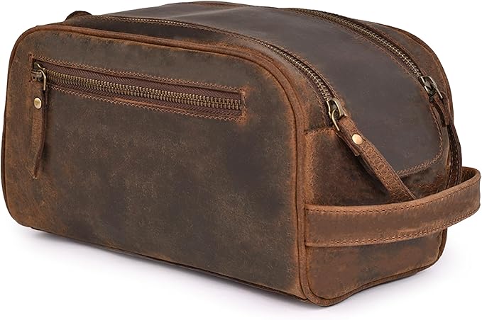 King-Size Premium Leather Toiletry Travel Pouch – Handcrafted Vintage Dopp Kit Bag with Waterproof Lining, Spacious Design for Travel Essentials - Brown