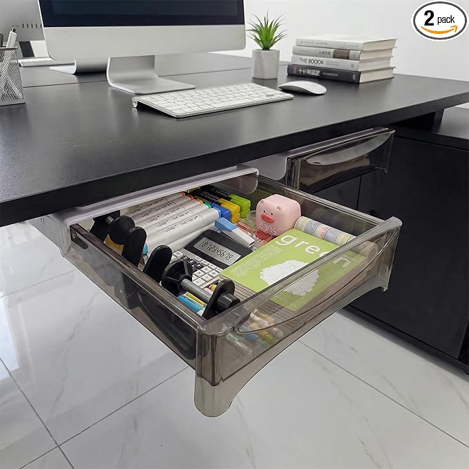 Under Desk Drawer 2-pack from 2B Neat - Self Adhesive Hidden Drawers - Heavy Duty Plastic - Easy Installation - Under Shelf Desk Organizer for Office and Schools Supplies