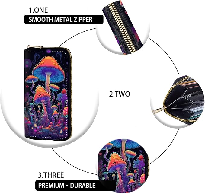 Women's RFID Blocking Zip Around Wallet with Detachable Wrist Strap, Large Capacity Credit Card Holder Organizer for Everyday Use,Magic Mushrooms