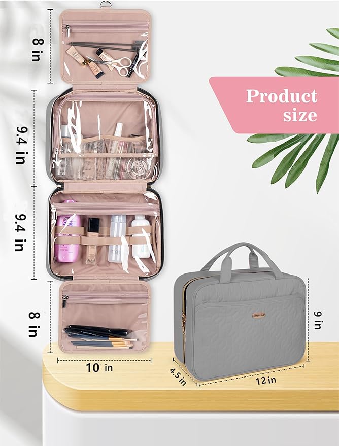 BALULHG Grey Toiletry Bag, Makeup Organizer, Travel Bag For Women Mens Toiletries, Waterproof with Hanging Hook, Large Capacity