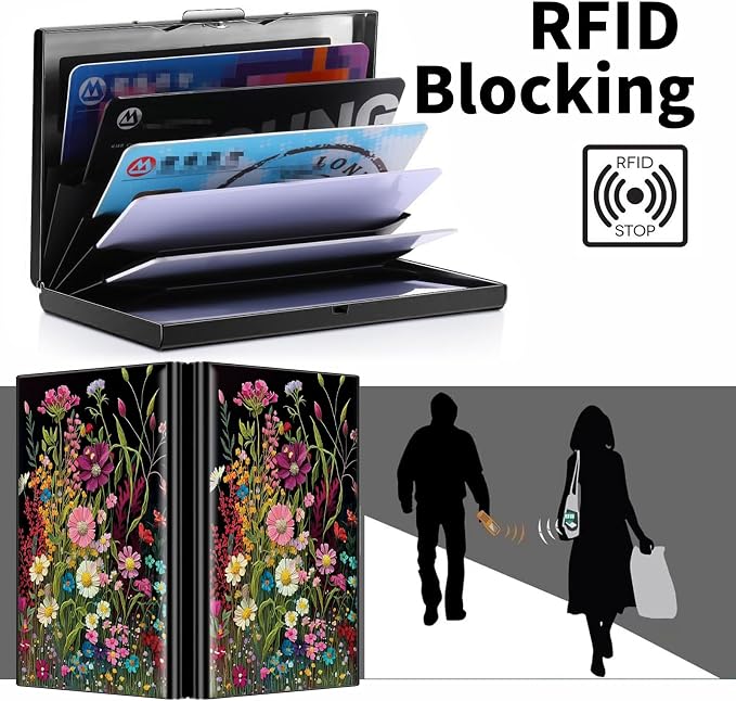 Metal Wallet for Women Men Girls, RFID Blocking Slim Aluminum Credit Card Holder, Mini Travel Wallet with Hard Shell, Lightweight ID & Business Card Case,Wildflowers