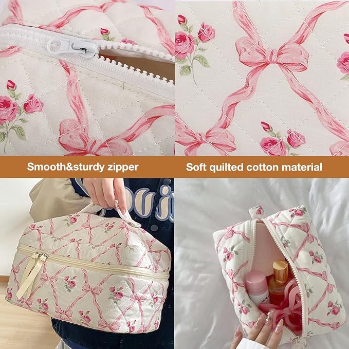 FITINI Makeup Bag Travel Large Quilted Toiletry Bag 3 Pack Portable Cosmetic Organizer Pouch with Small Brush Storage Case Zipper Waterproof for Women,Pink
