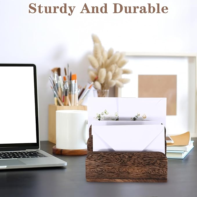 Briwooody Wooden Mail Organizer 3 Slots Mail Holder for Desk Wood File Paper Letter Holder for Letter Envelope Filing Cell Phone Document Storage, Organizer Tray for Office and Home(Dark Brown)