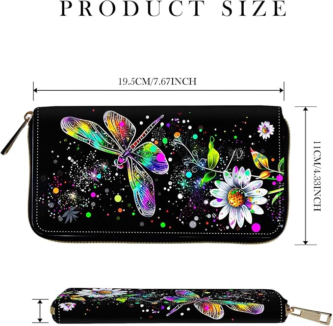 RFID-Blocking Zip Around Wallets for Women with Detachable Wrist Strap,Large Capacity Phone Holder with Card Organizer & Coin Pocket,Dragonfly and Daisy Flower