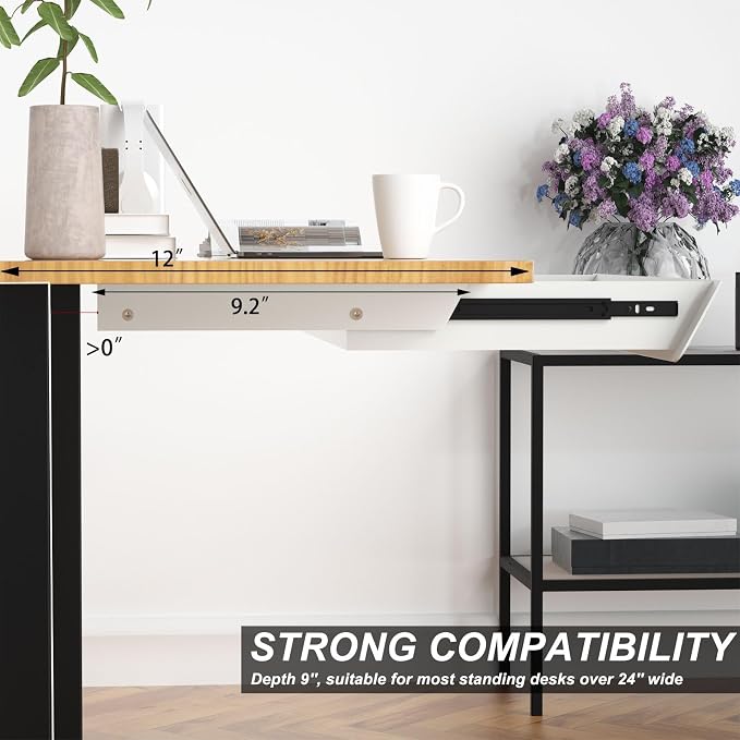 White Large Under Desk Mounted Sliding Drawer with 2 Cable Hole and 60 Degree Tilt Panel to Pull Out, 22.4'' Long & 9.2'' deep Large Storage Organizer for Sit Stand Workstation