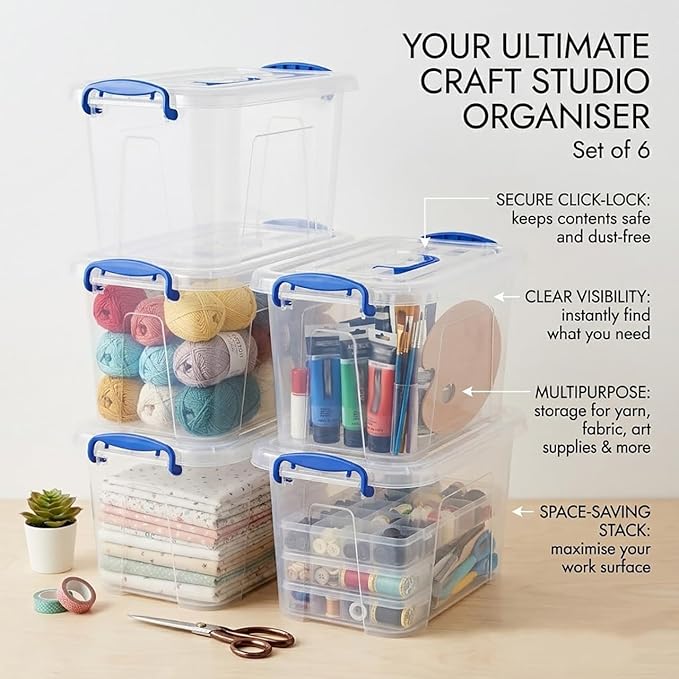 6-Pack Clear Plastic Storage Bin with Lids, Stackable Organizer Box with Latching Handle, 6.5L/7quart
