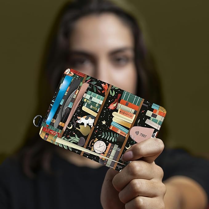 Small Travel Wallets, Cats Library Slim Minimalist Front Pocket Wallet with Wristlet, RFID Blocking PU Leather Credit Card Holder with ID Window Change Purse for Men Women