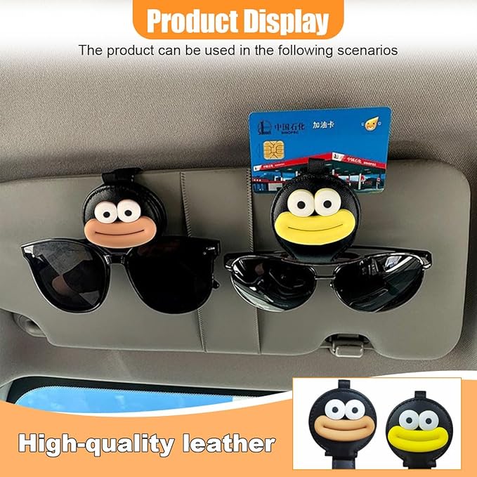 2PCS Sunglasses Holder for Car Visor, Magnetic Leather Ticket Card Clip, Sausage Mouth Sunglass Mount for Different Size Eyeglass, Cartoon Car Visor Decoration Accessory (Brown/Yellow/Black)