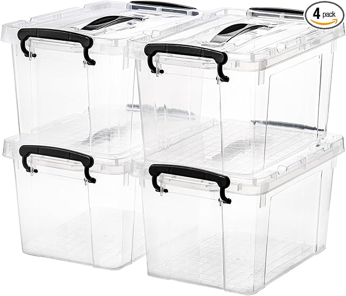 Nicunom 4 Pack 6 Quart Clear Storage Latch Box, Plastic Storage Bins with Lids, Latching Box with Handle, Stackable Storage Containers for Organizing