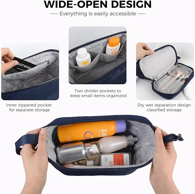 SINLAND Travel Toiletry Bag Water-resistant with Hanging Hook for Womens Large Packing with Waterproof Wet/Dry Compartment Travel Shower Bags Travel Toiletry Organizer Dopp Kit Shaving Bag