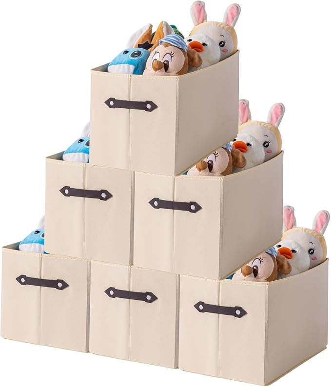 6 Pack Large Collapsible Storage Baskets for Shelves,14.9"x9.5" Fabric Closet storage Boxes with Leather Handles,Decorative Organizers Storage Bins for Clothes,Sheets,Toys,Books,Creamy-White
