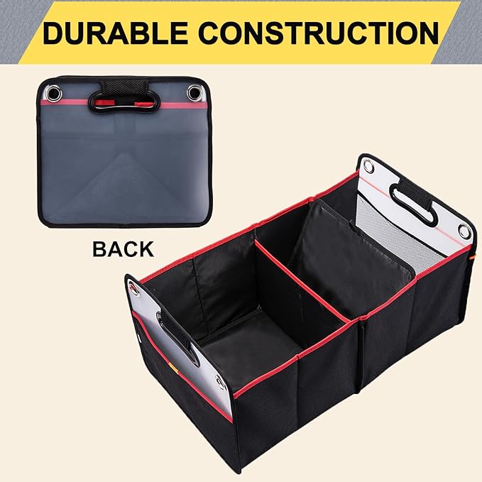 Car Trunk Organizer, Collapsible Auto Trunk Organizer Storage, Portable Grocery Cargo Container with Two Large Compartments for SUV, Vehicle, Truck, Home and Office