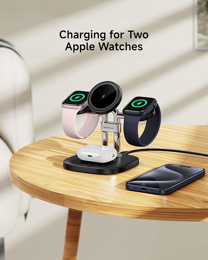Dual Fast Charger for Apple Watch 11, Magnetic Wireless Charger Stand for iPhone Air/17 Pro Max/17 Pro/17/16/15/14, Charging Station for Apple Watch Ultra 3/SE 3/10/9/8/7/6, Airpods, SwanScout 709M