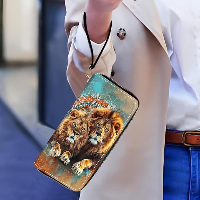 Women's Large Capacity Wallet PU Leather Zip Around Clutch Purse Multifunctional Wallet with Removable Wristlet Strap for Smart Phone/Coin/Card/Cash - Lion
