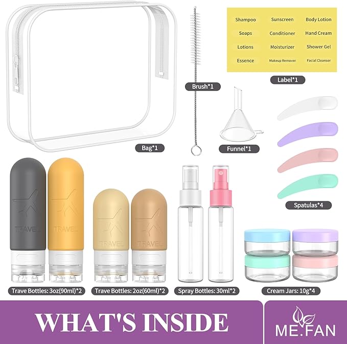 ME.FAN 18 Pack Travel Bottles for Toiletries, TSA Approved Travel Size Containers Set, Silicone Squeezable Portable Split Bottle, Travel Accessories for Conditioner, Shampoo, Lotion - Yellow