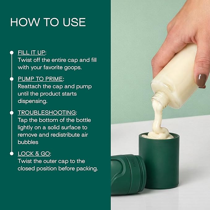 Refillable Toiletry Travel Bottles – Set of 5 (3.4oz & 1.7oz) Airless Pump Containers for Shampoo, Conditioner, Body, Face – Leak-Proof, TSA-Approved, Dishwasher Safe- Escapade Green with Gift Box