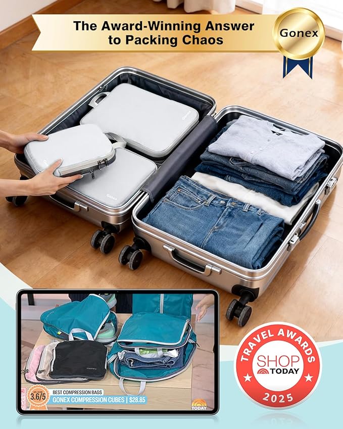 Gonex Compression Packing Cubes, 4pcs Expandable Storage Travel Luggage Bags Organizers (White)