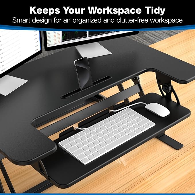 Mount-It! Standing Desk Converter - Height Adjustable Stand Up Riser with Manual Lift, 36.5" x 22" Desktop, Stand up Convertor in Black, Fits Dual Monitors, Laptop and Keyboard Mouse Tray