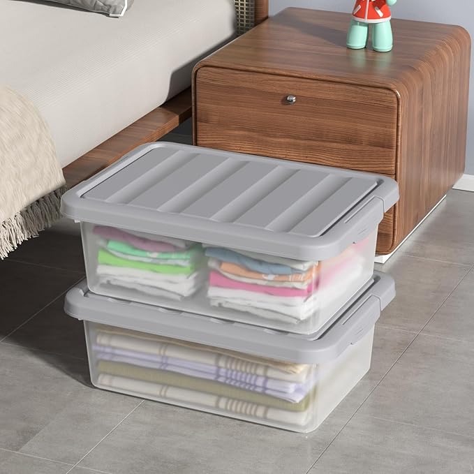Clear Storage Bin with Lid, Plastic Stackable Container Organizer, Medium-14 Quart, Grey, 2 Pack