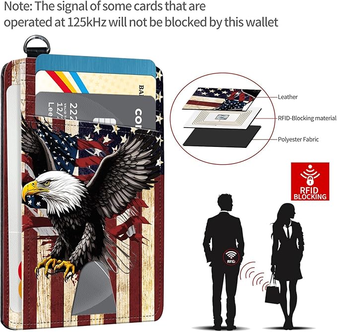 Slim RFID Blocking Card Holder Wallet with Wrist Strap - Minimalist Front Pocket Wallet, Flag Eagle Design, PU Leathe, for Men & Women, Ideal for Travel & Gifts