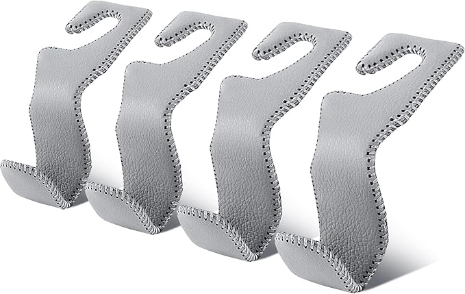 EldHus Car Seat Hooks for Purses and Bags, 4 Pack Car Purse Holder for Grocery Bag Handbag Clothes, Metal Headrest Hooks Covered by Leather, Gray