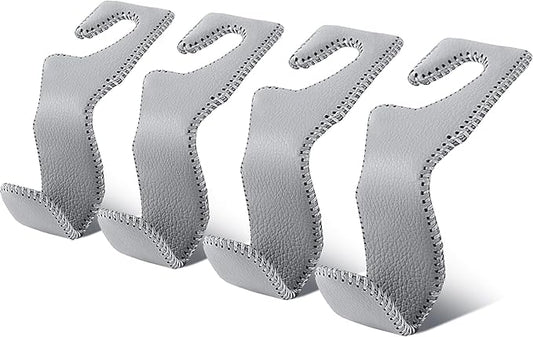 EldHus Car Seat Hooks for Purses and Bags, 4 Pack Car Purse Holder for Grocery Bag Handbag Clothes, Metal Headrest Hooks Covered by Leather, Gray