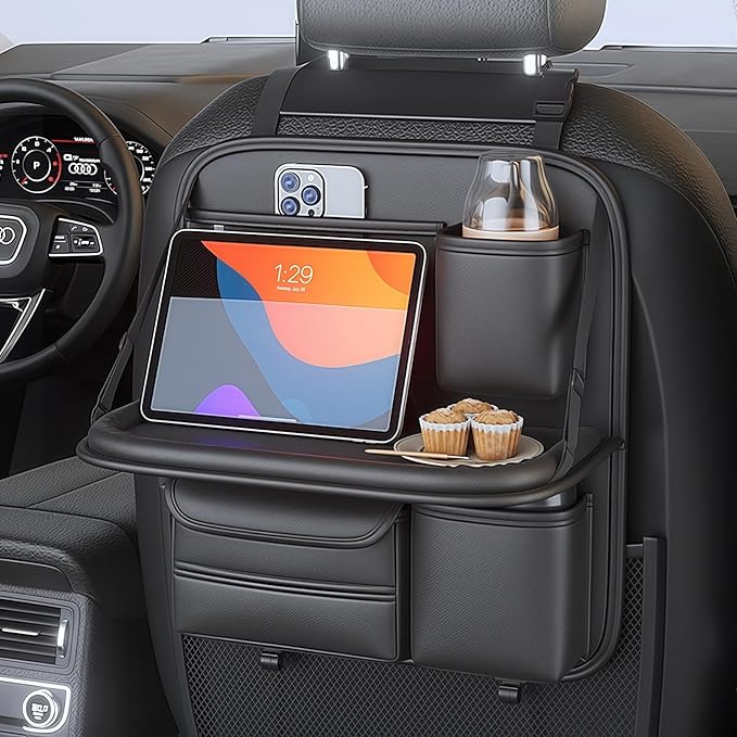 Backseat Car Tray for Kids, Sturdy Toddler Travel Tray Table with Cup Holder & Storage Pockets, Snack & Activity Car Seat Table for Road Trips, Fits Most Vehicles