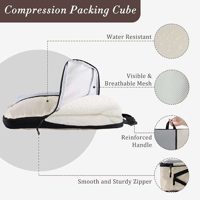 U+U 6 Set Compression Packing Cubes - Ultralight Cream Travel Organizers with Laundry Bag, Space-Saving Suitcase Organizer, Expandable Packing Cubes for Travel and Family Vacation (Cream)