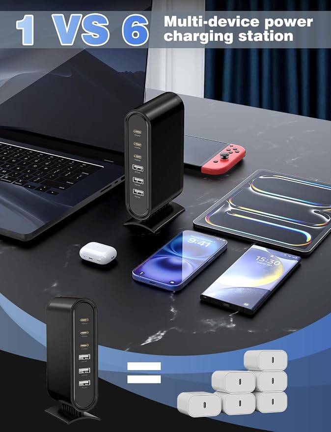 Essri 6-Port GaN USB C Charging Station,USB C Charger Block,PD 20W Desktop Charger, Power Strip Adapter Compatible with iPhone 17/16/15/14,for Samsung Android,More,with 2 x 3Ft C Cable