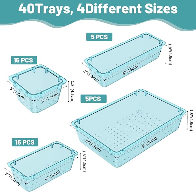 WOWBOX 40 PCS Plastic Drawer Organizer Set, 4 Sizes Desk Drawer Organization and Storage Containers for Makeup, Cosmetics, Jewelry and Gadgets in Kitchen, Bathroom, Bedroom, Office, Clear Sea Blue