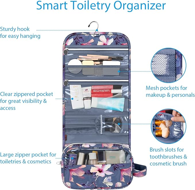 Fintie Portable Toiletry Cosmetic Travel Bag, Large Water Resistant Hanging Makeup Organizer Storage Pouch Case for Women Girls (Blooming Hibiscus)