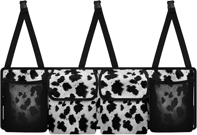 Cow Pattern Car Trunk Organizer and Storage Backseat Hanging Cargo Bag Seat Back Car Organizer Storage Bag with 4 Pockets 3 Adjustable Straps